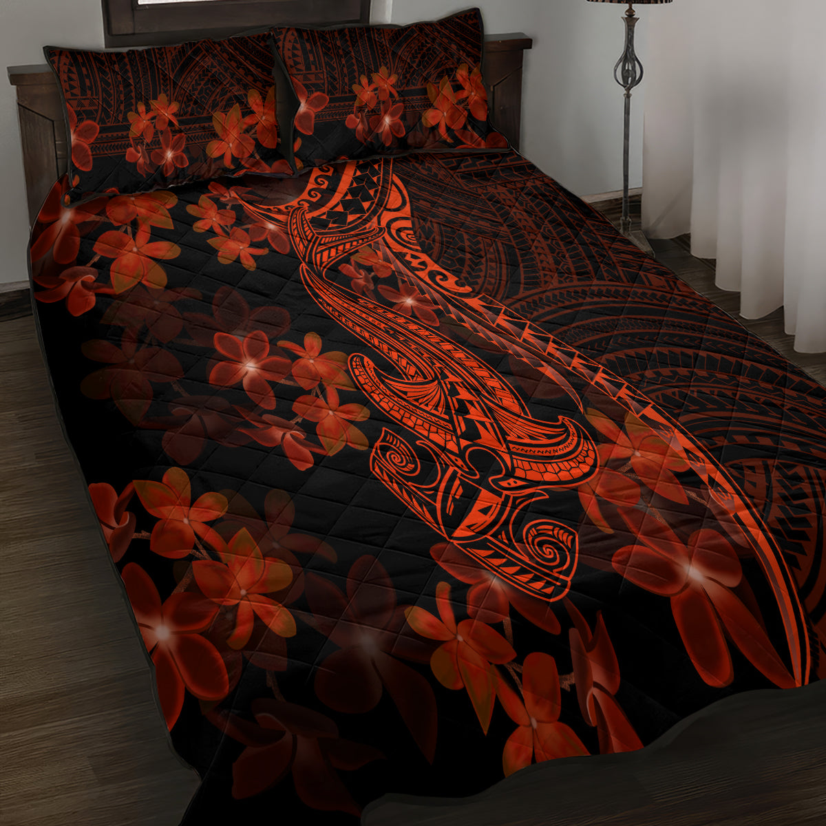 Red Polynesia Quilt Bed Set Shark Tattoo With Polynesian Plumeria - Wonder Print Shop