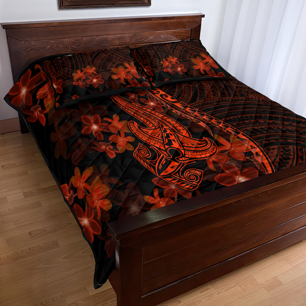 Red Polynesia Quilt Bed Set Shark Tattoo With Polynesian Plumeria - Wonder Print Shop