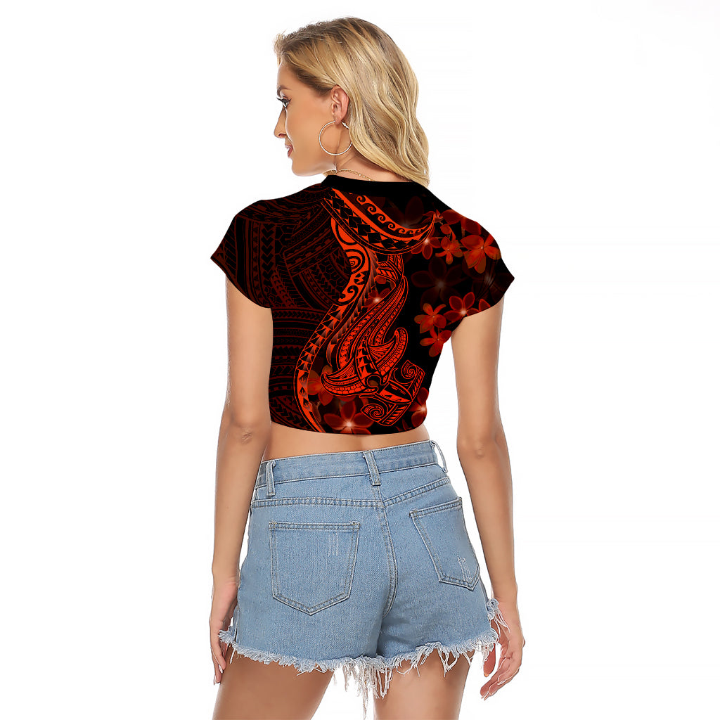 Red Polynesia Raglan Cropped T Shirt Shark Tattoo With Polynesian Plumeria - Wonder Print Shop