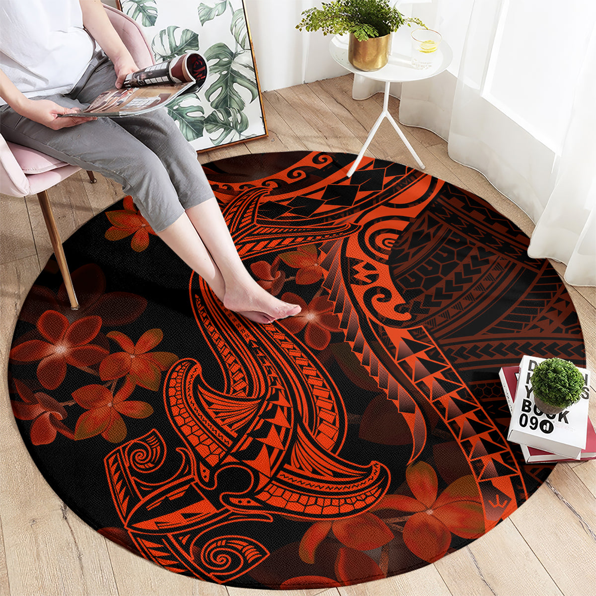 red-polynesia-round-carpet-shark-tattoo-with-polynesian-plumeria