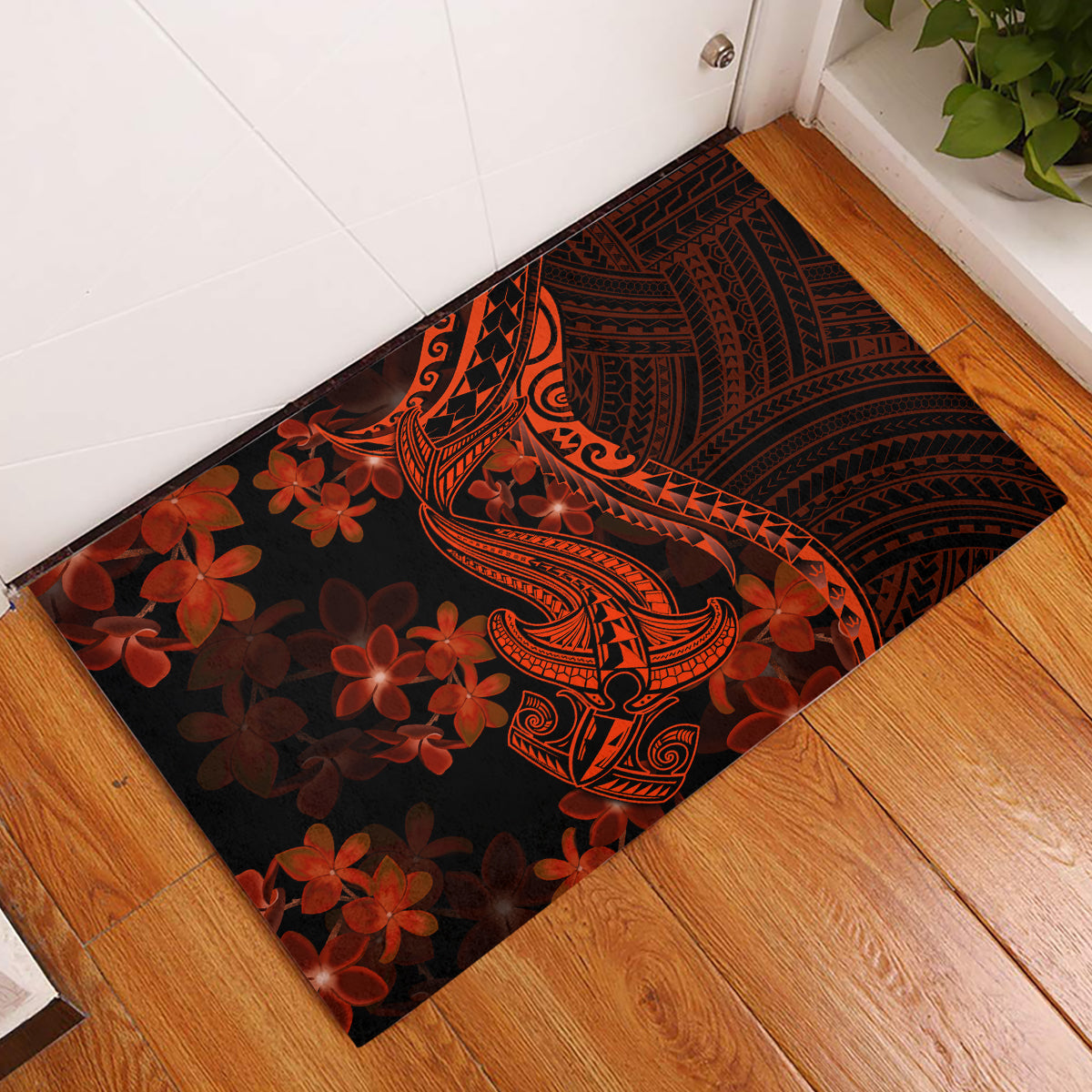 Red Polynesia Rubber Doormat Shark Tattoo With Polynesian Plumeria - Wonder Print Shop