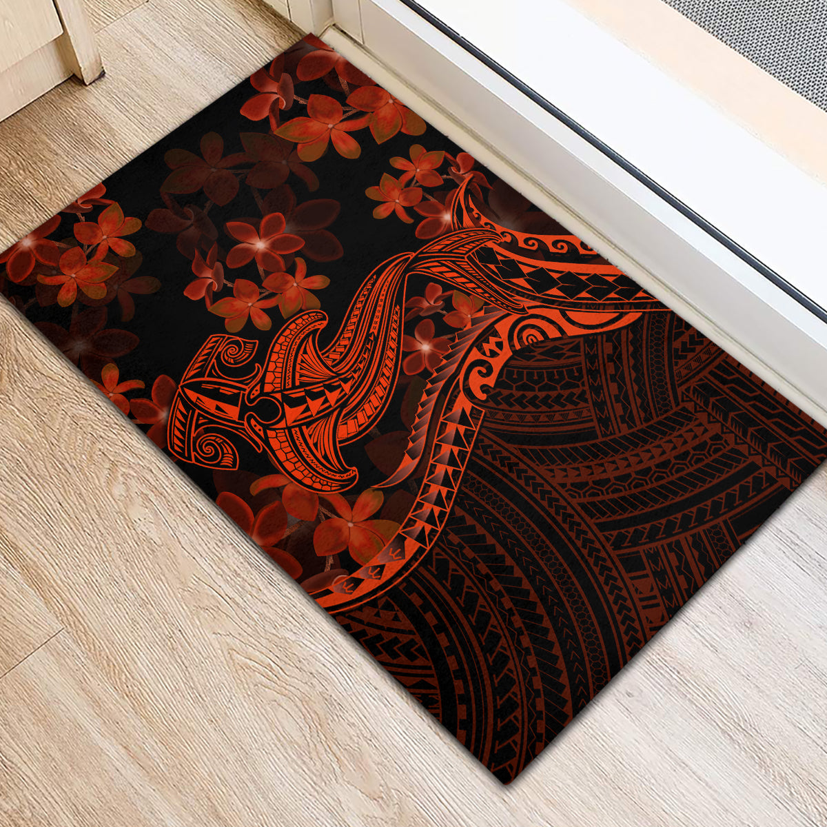 Red Polynesia Rubber Doormat Shark Tattoo With Polynesian Plumeria - Wonder Print Shop