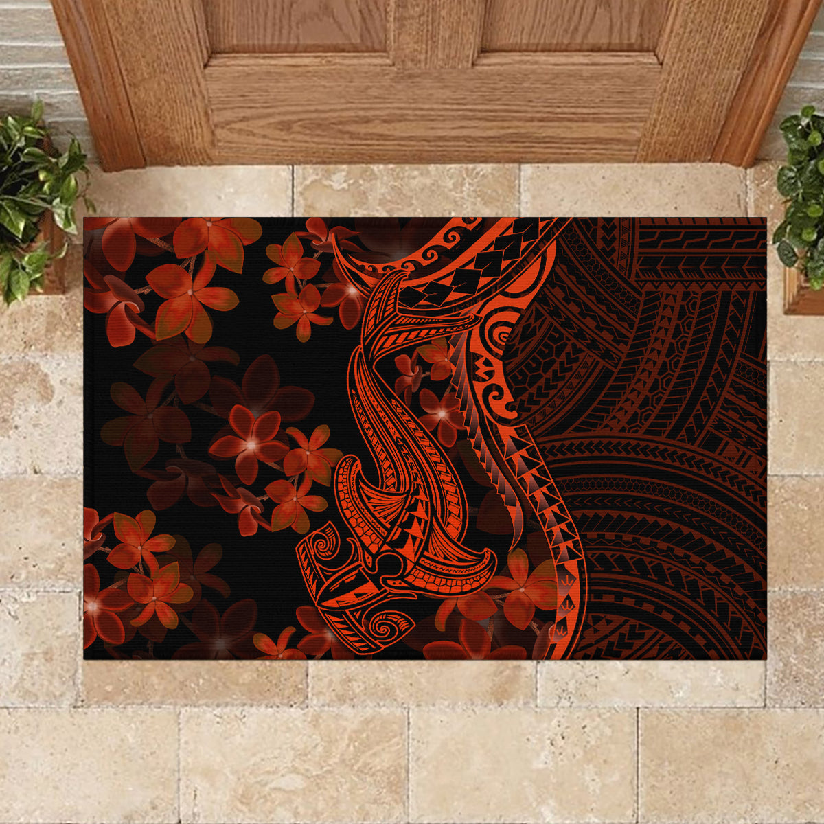 Red Polynesia Rubber Doormat Shark Tattoo With Polynesian Plumeria - Wonder Print Shop