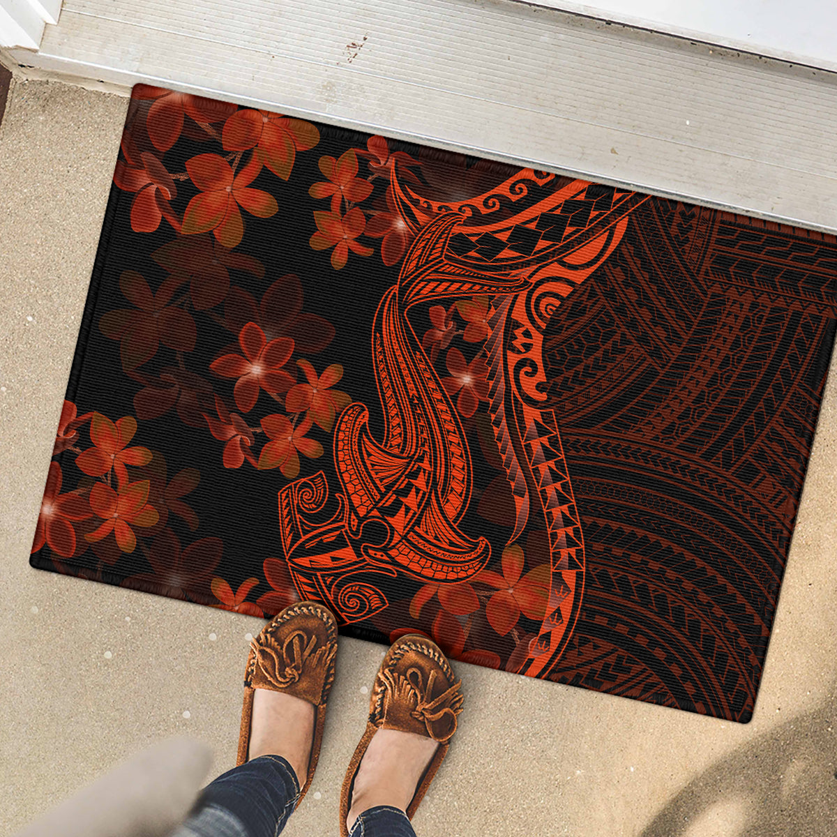 Red Polynesia Rubber Doormat Shark Tattoo With Polynesian Plumeria - Wonder Print Shop