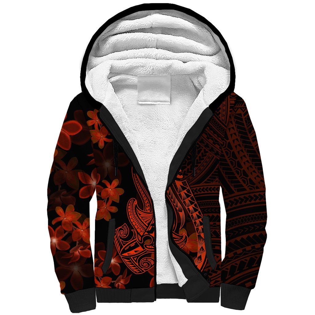 Red Polynesia Sherpa Hoodie Shark Tattoo With Polynesian Plumeria - Wonder Print Shop