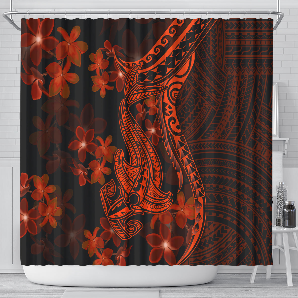 red-polynesia-shower-curtain-shark-tattoo-with-polynesian-plumeria