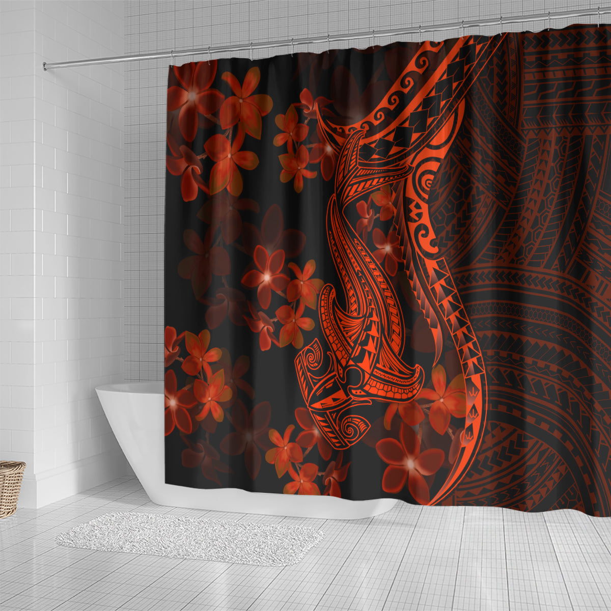red-polynesia-shower-curtain-shark-tattoo-with-polynesian-plumeria
