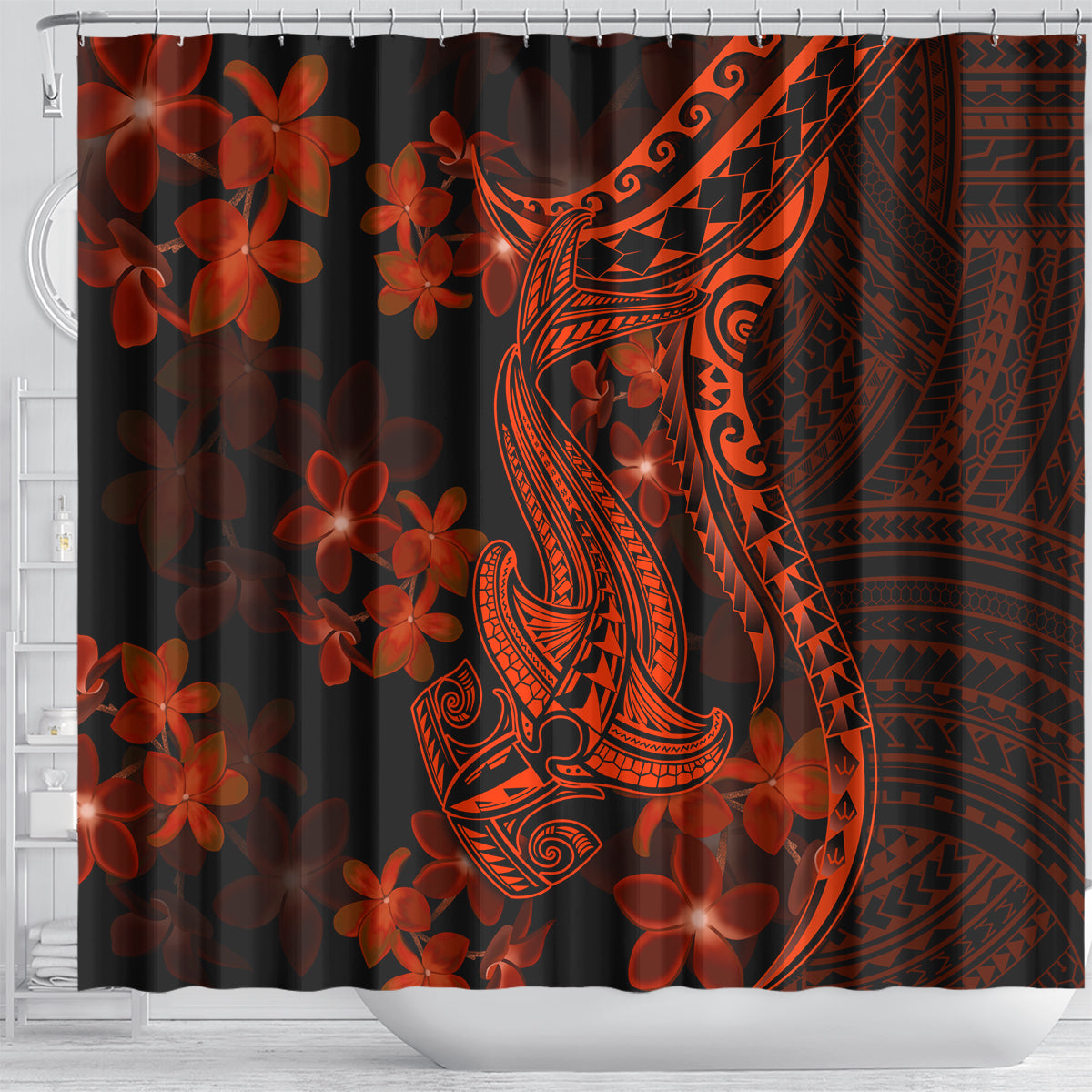 red-polynesia-shower-curtain-shark-tattoo-with-polynesian-plumeria