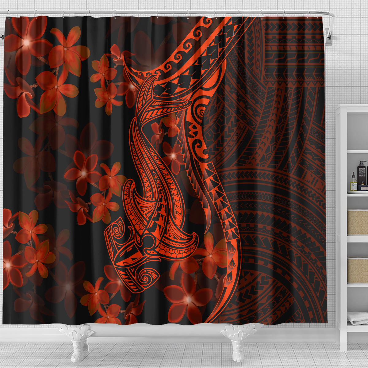 red-polynesia-shower-curtain-shark-tattoo-with-polynesian-plumeria