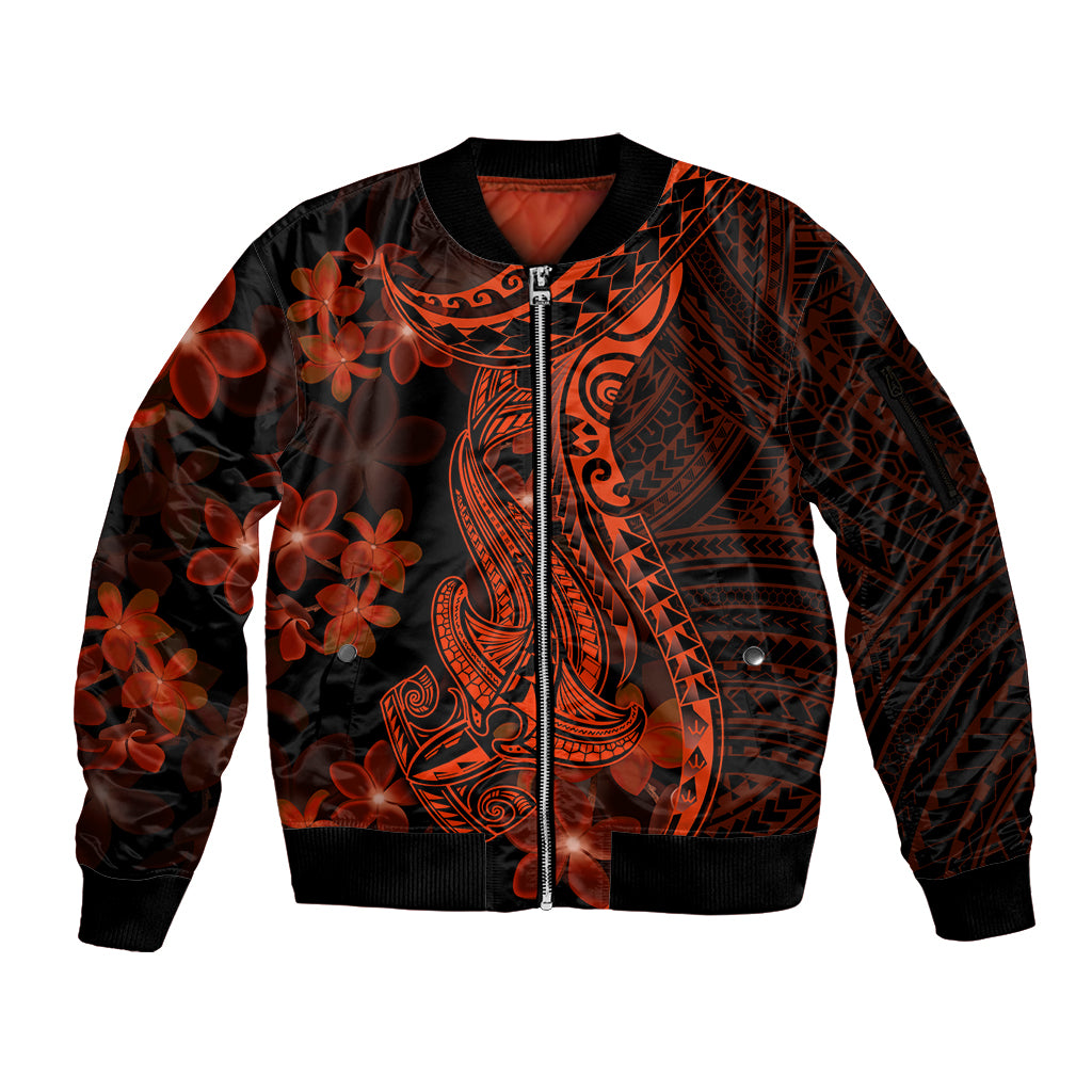 Red Polynesia Sleeve Zip Bomber Jacket Shark Tattoo With Polynesian Plumeria - Wonder Print Shop