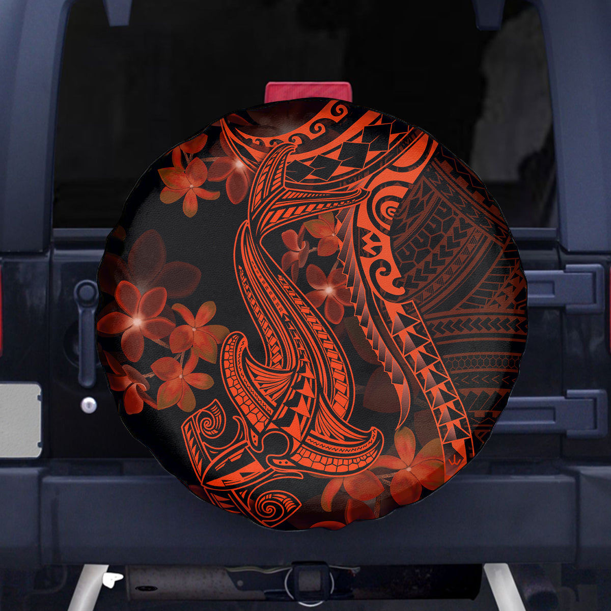 Red Polynesia Spare Tire Cover Shark Tattoo With Polynesian Plumeria - Wonder Print Shop