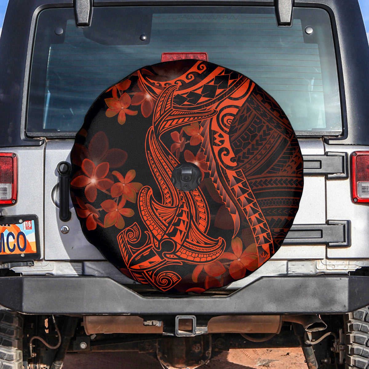 Red Polynesia Spare Tire Cover Shark Tattoo With Polynesian Plumeria - Wonder Print Shop