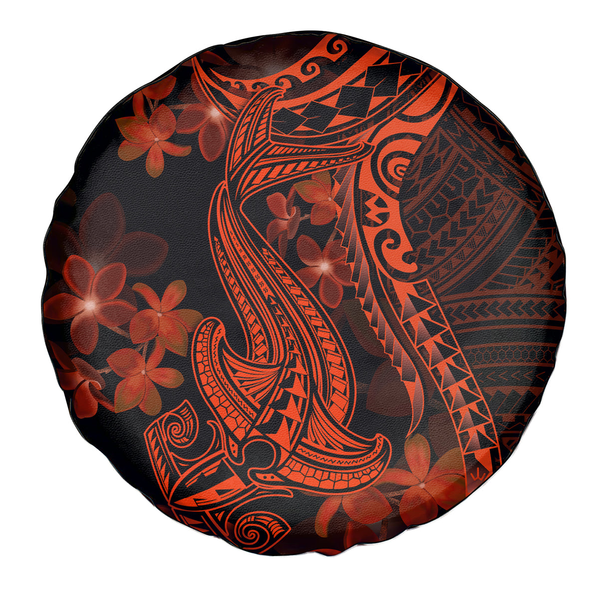Red Polynesia Spare Tire Cover Shark Tattoo With Polynesian Plumeria - Wonder Print Shop