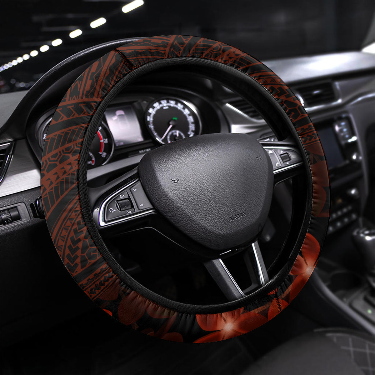 Red Polynesia Steering Wheel Cover Shark Tattoo With Polynesian Plumeria - Wonder Print Shop