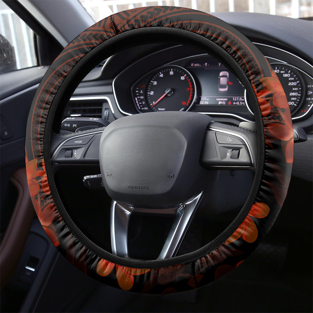 Red Polynesia Steering Wheel Cover Shark Tattoo With Polynesian Plumeria - Wonder Print Shop