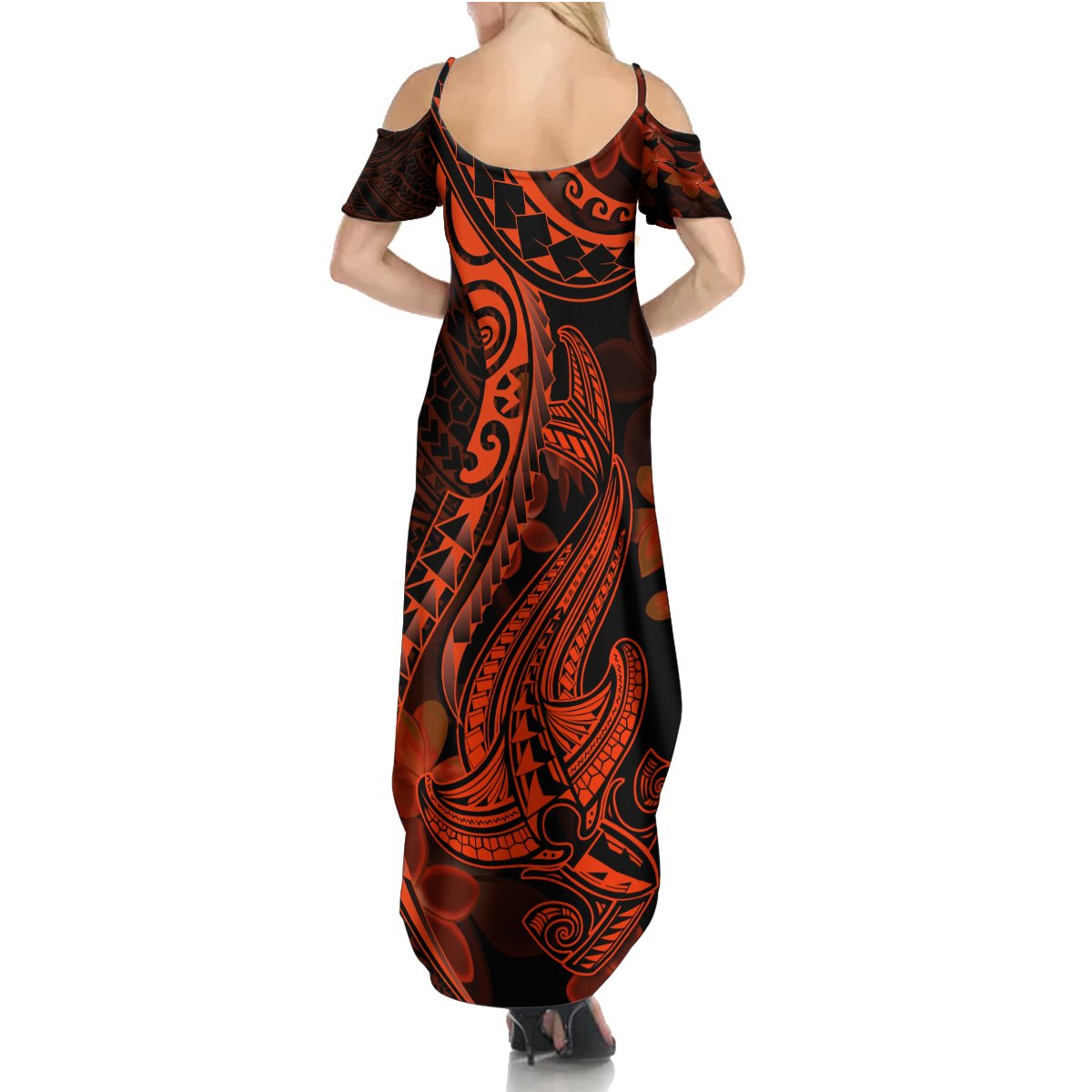 Red Polynesia Summer Maxi Dress Shark Tattoo With Polynesian Plumeria - Wonder Print Shop