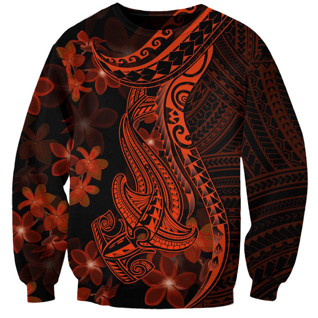 Red Polynesia Sweatshirt Shark Tattoo With Polynesian Plumeria - Wonder Print Shop