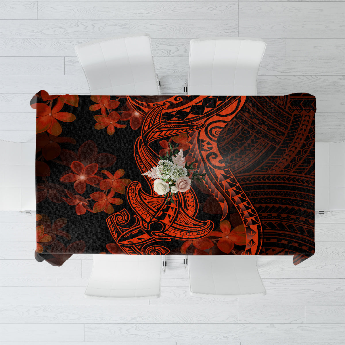 Red Polynesia Tablecloth Shark Tattoo With Polynesian Plumeria - Wonder Print Shop