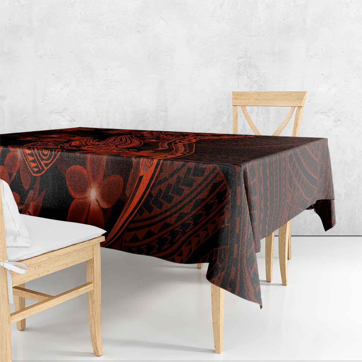 Red Polynesia Tablecloth Shark Tattoo With Polynesian Plumeria - Wonder Print Shop