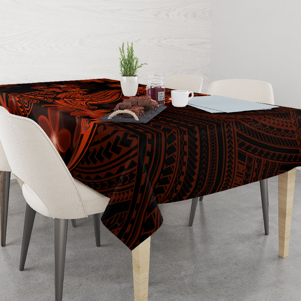 Red Polynesia Tablecloth Shark Tattoo With Polynesian Plumeria - Wonder Print Shop
