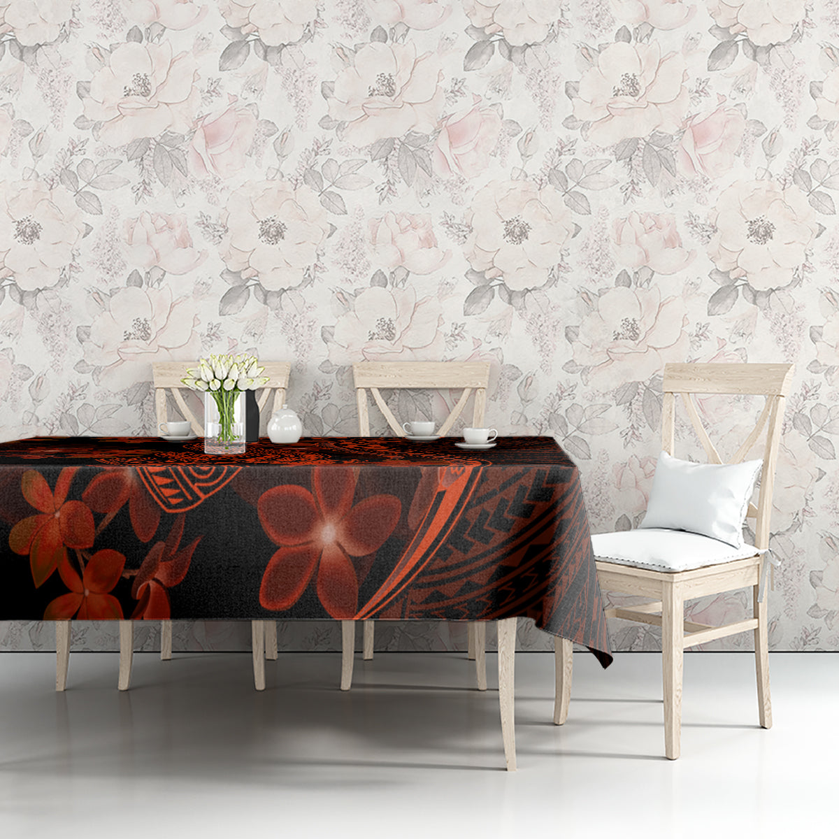 Red Polynesia Tablecloth Shark Tattoo With Polynesian Plumeria - Wonder Print Shop