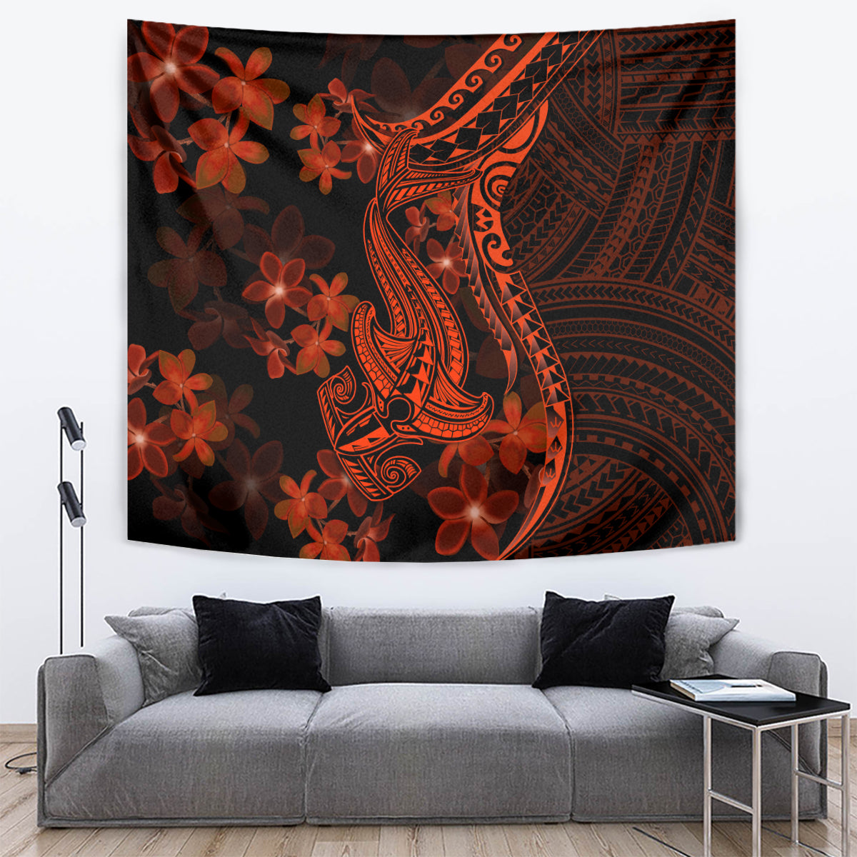 Red Polynesia Tapestry Shark Tattoo With Polynesian Plumeria - Wonder Print Shop