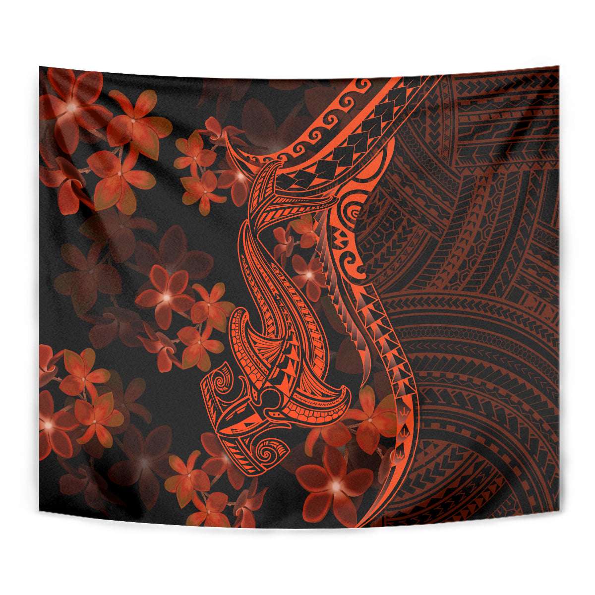 Red Polynesia Tapestry Shark Tattoo With Polynesian Plumeria - Wonder Print Shop