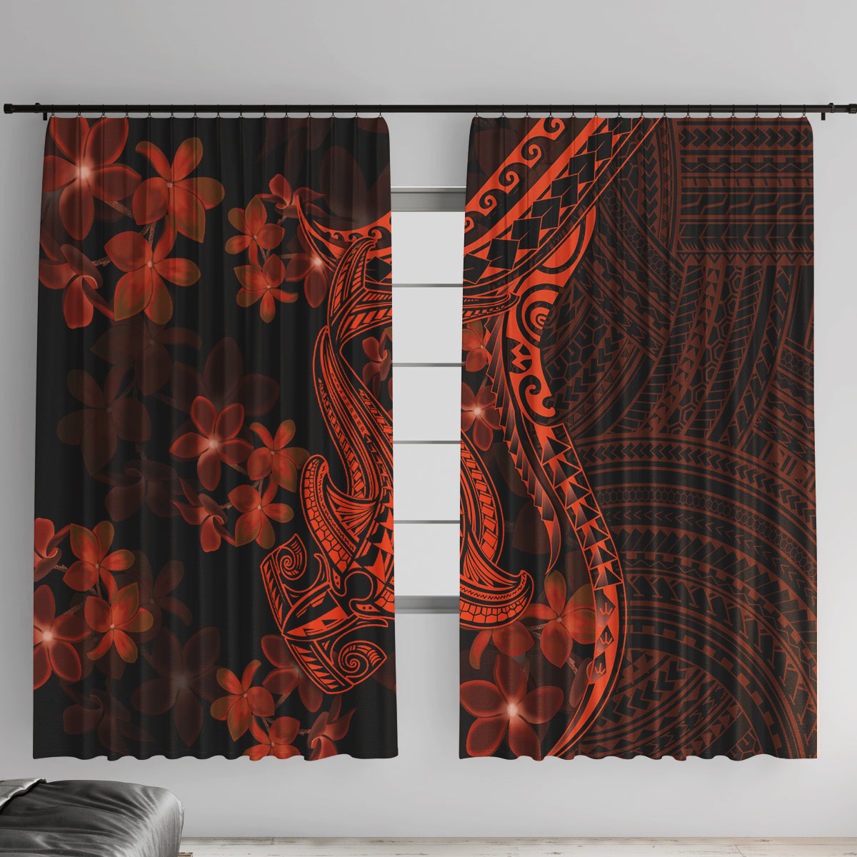 Red Polynesia Window Curtain Shark Tattoo With Polynesian Plumeria - Wonder Print Shop