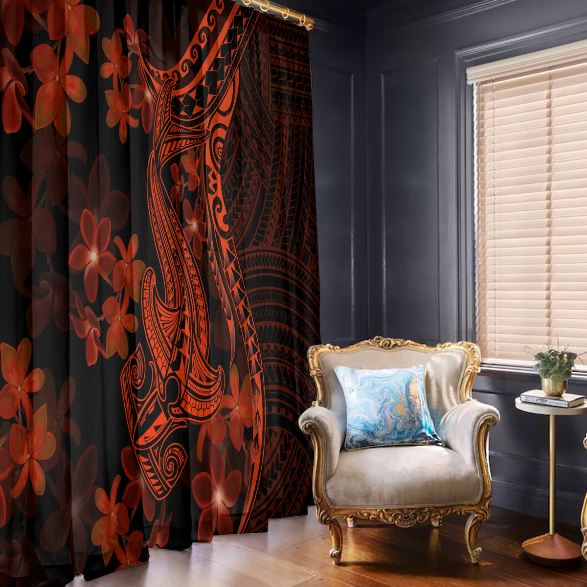 Red Polynesia Window Curtain Shark Tattoo With Polynesian Plumeria - Wonder Print Shop