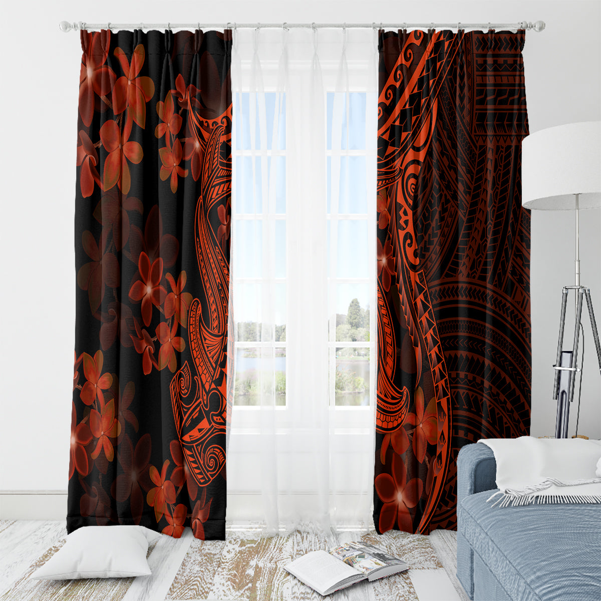 Red Polynesia Window Curtain Shark Tattoo With Polynesian Plumeria - Wonder Print Shop