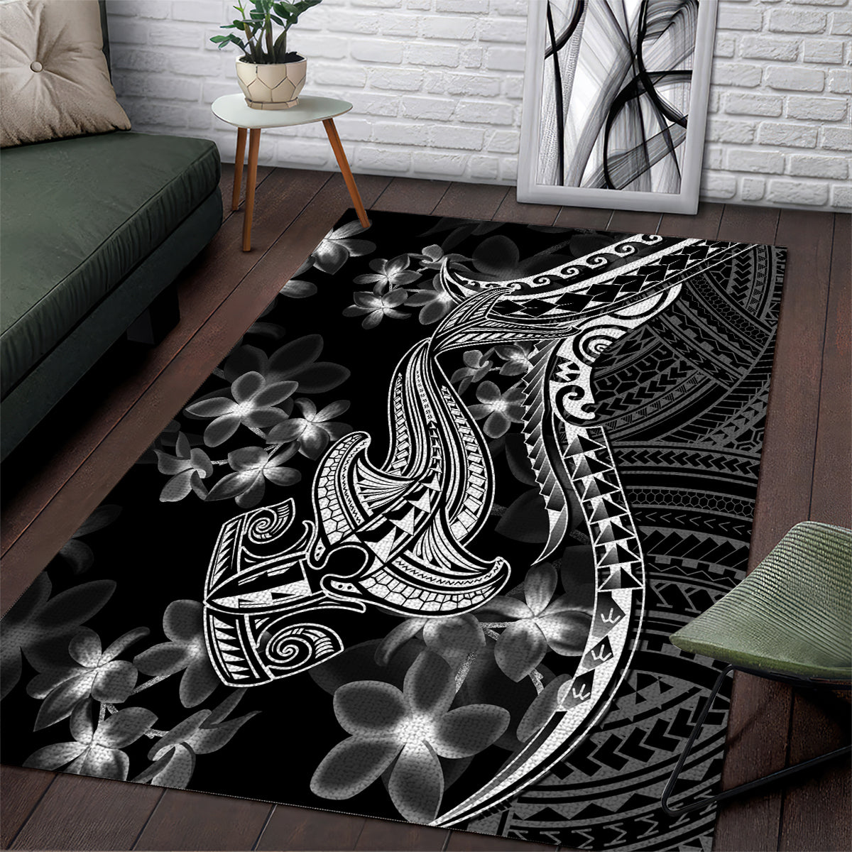 Black Polynesia Area Rug Shark Tattoo With Polynesian Plumeria - Wonder Print Shop