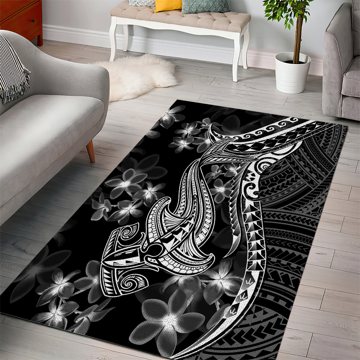 Black Polynesia Area Rug Shark Tattoo With Polynesian Plumeria - Wonder Print Shop