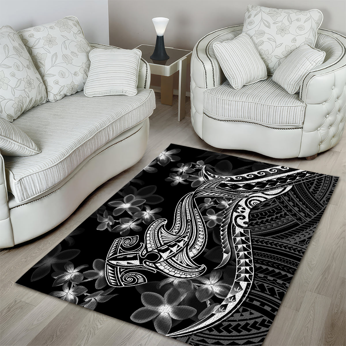 Black Polynesia Area Rug Shark Tattoo With Polynesian Plumeria - Wonder Print Shop