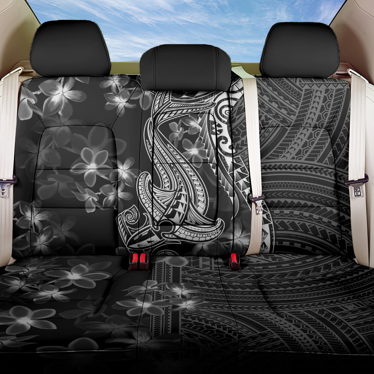 Black Polynesia Back Car Seat Cover Shark Tattoo With Polynesian Plumeria - Wonder Print Shop