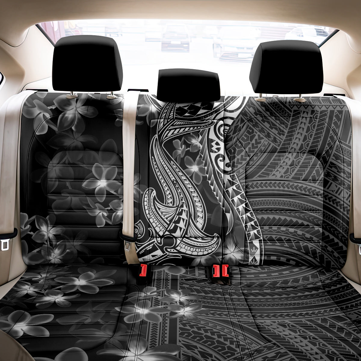 Black Polynesia Back Car Seat Cover Shark Tattoo With Polynesian Plumeria - Wonder Print Shop