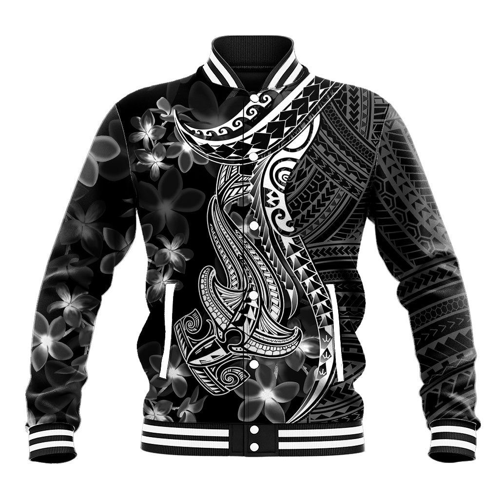 Black Polynesia Baseball Jacket Shark Tattoo With Polynesian Plumeria - Wonder Print Shop