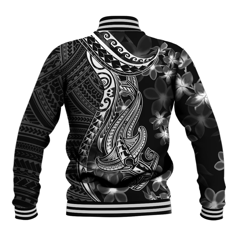 Black Polynesia Baseball Jacket Shark Tattoo With Polynesian Plumeria - Wonder Print Shop