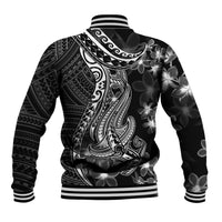 Black Polynesia Baseball Jacket Shark Tattoo With Polynesian Plumeria - Wonder Print Shop