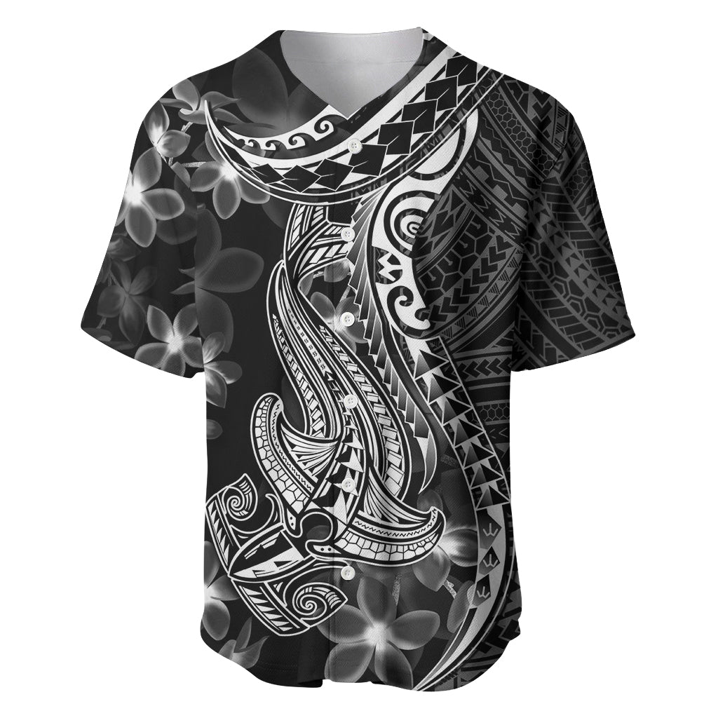 Black Polynesia Baseball Jersey Shark Tattoo With Polynesian Plumeria - Wonder Print Shop