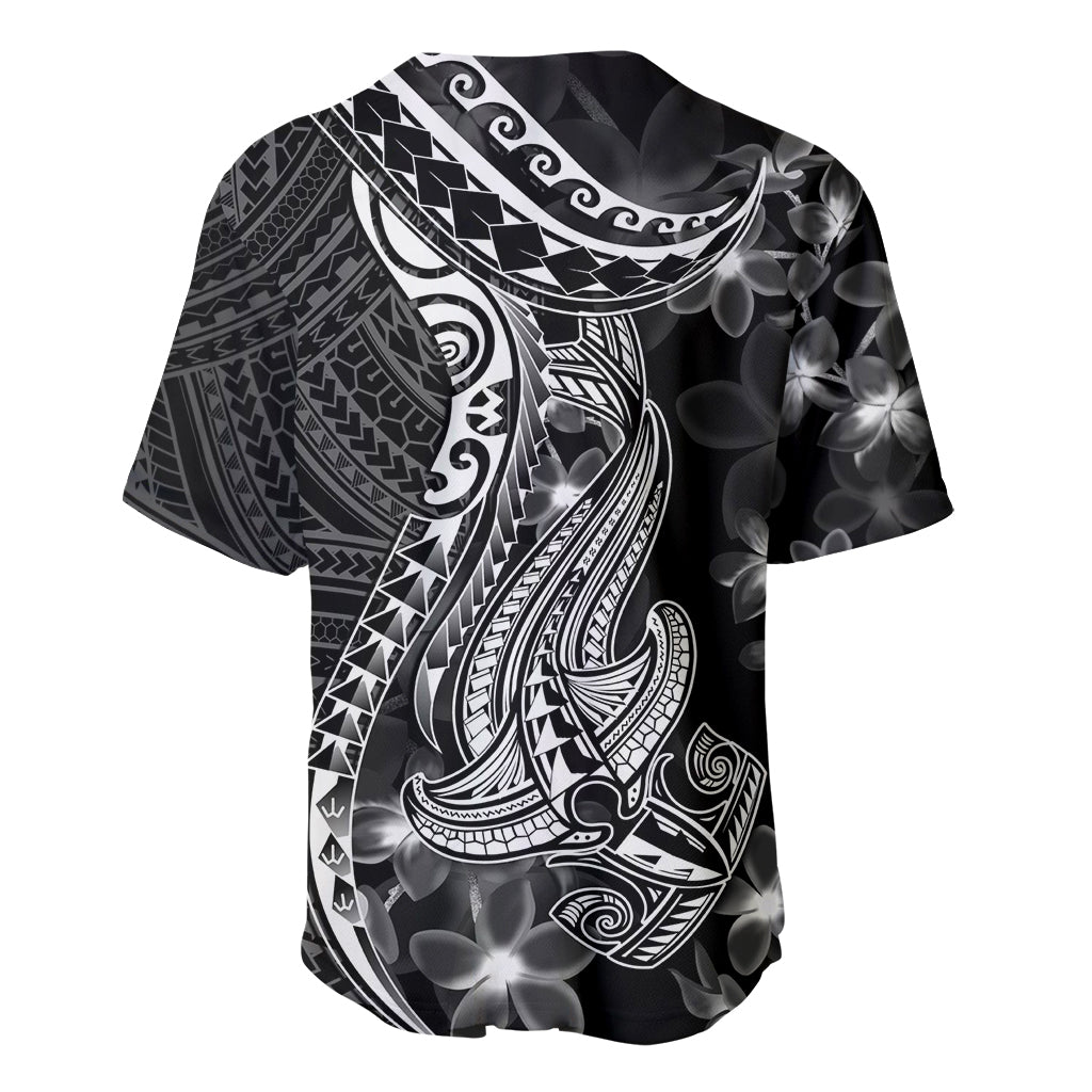Black Polynesia Baseball Jersey Shark Tattoo With Polynesian Plumeria - Wonder Print Shop