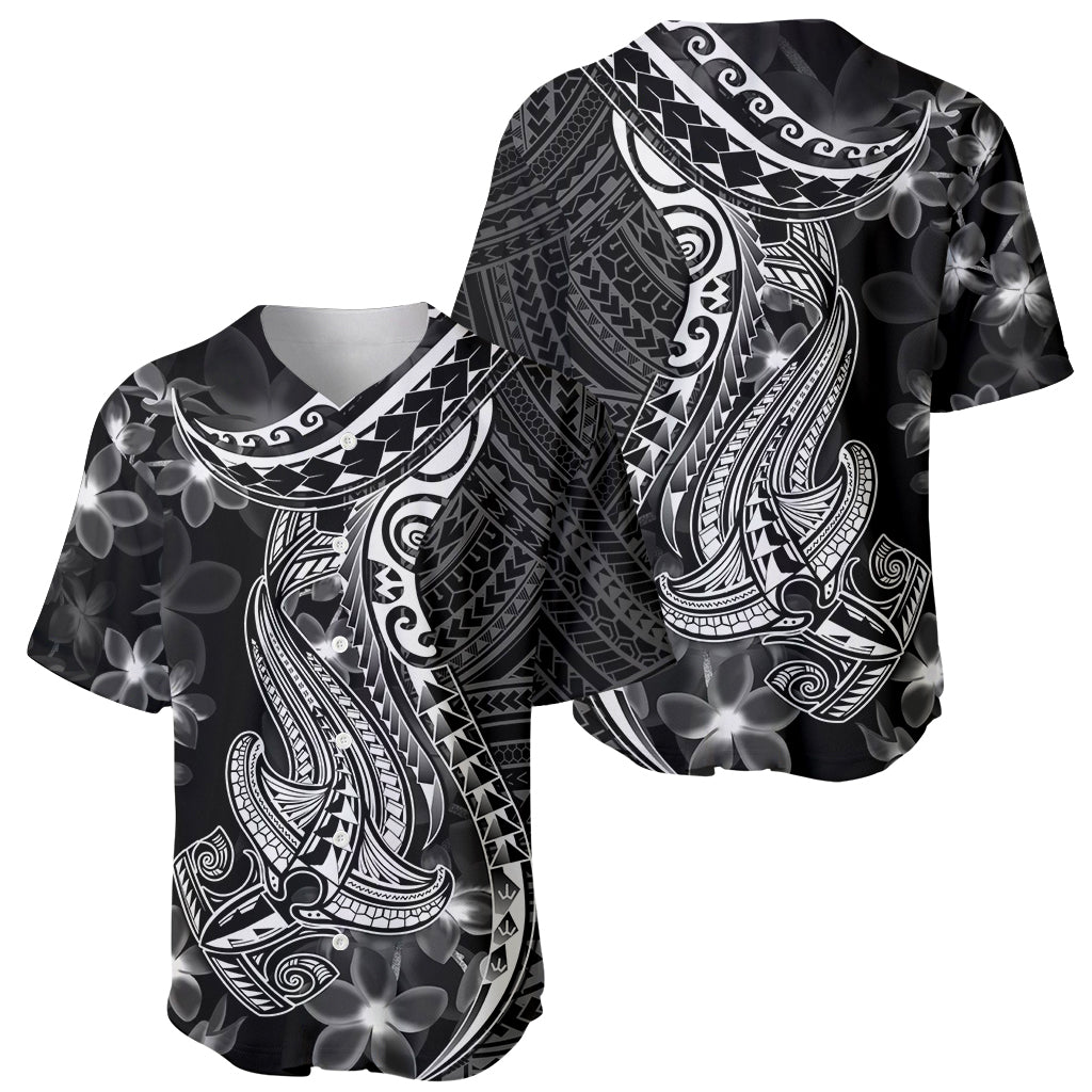 Black Polynesia Baseball Jersey Shark Tattoo With Polynesian Plumeria - Wonder Print Shop