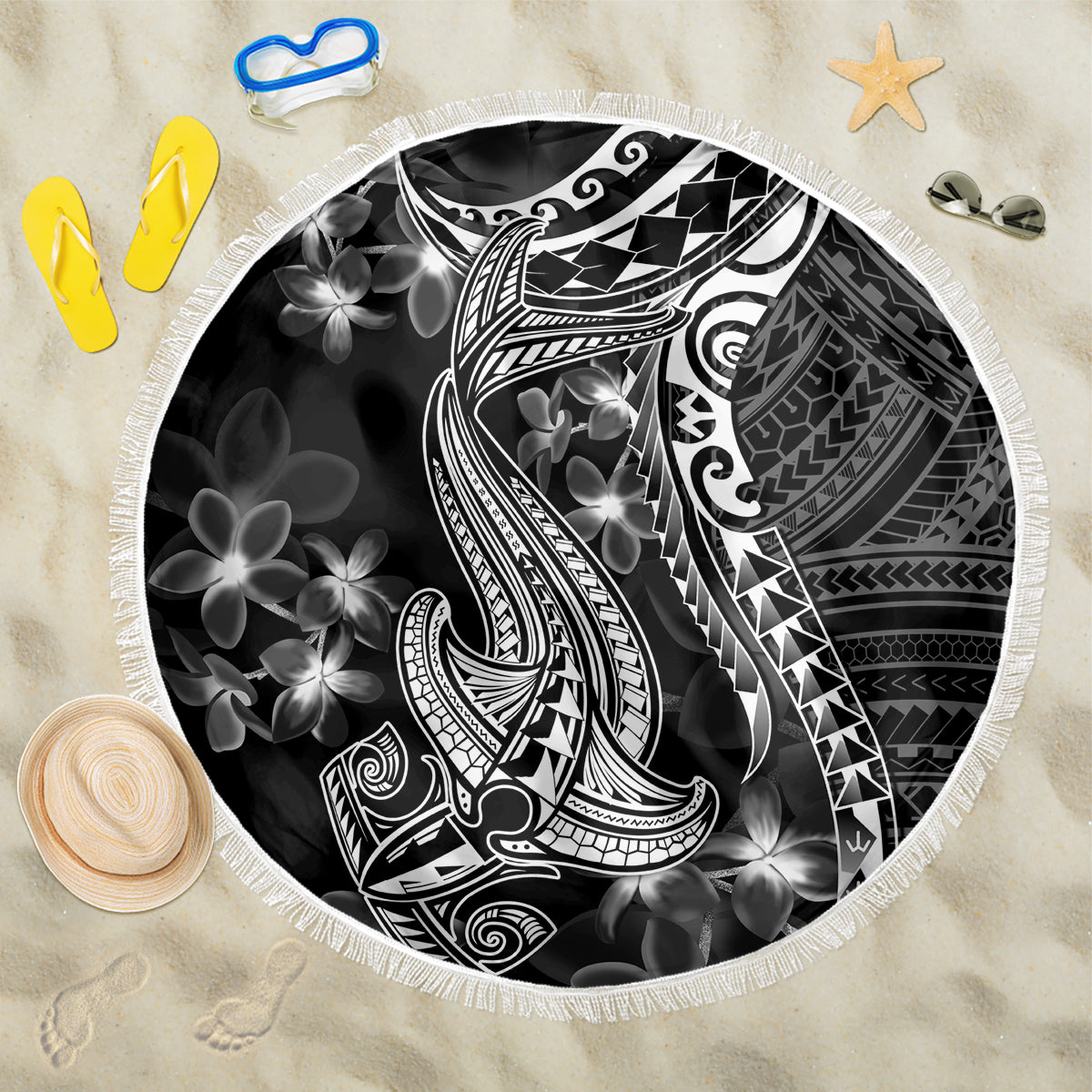 Black Polynesia Beach Blanket Shark Tattoo With Polynesian Plumeria - Wonder Print Shop