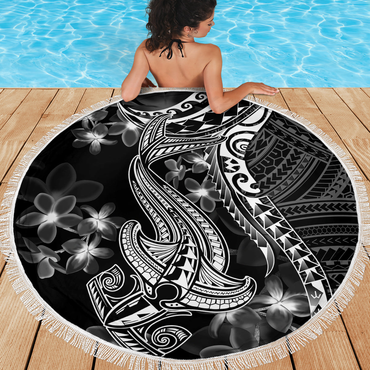 Black Polynesia Beach Blanket Shark Tattoo With Polynesian Plumeria - Wonder Print Shop