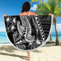 Black Polynesia Beach Blanket Shark Tattoo With Polynesian Plumeria - Wonder Print Shop