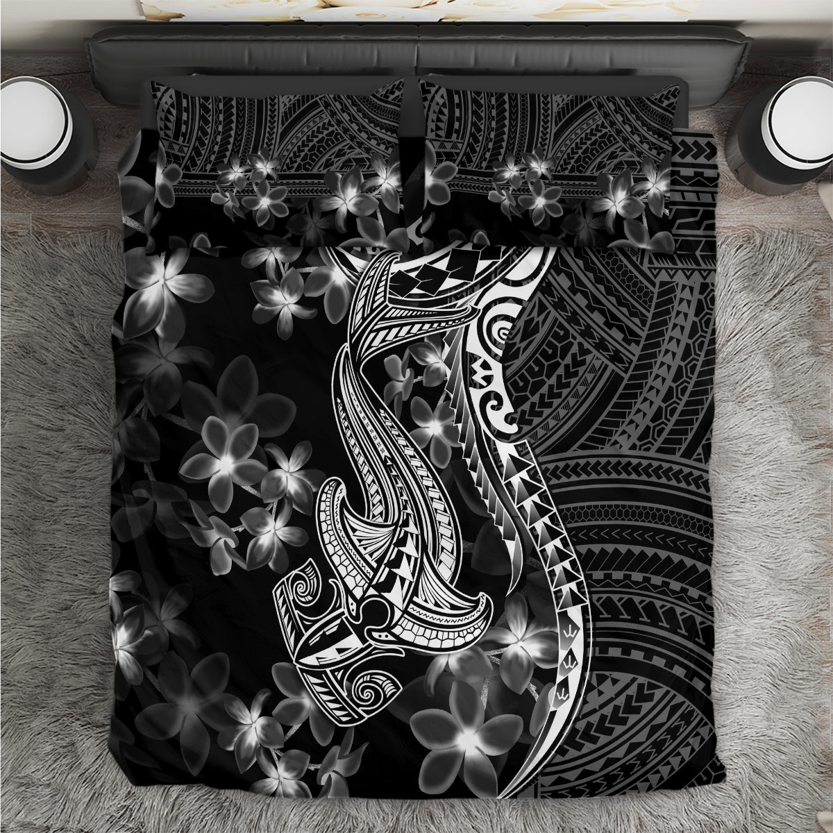 Black Polynesia Bedding Set Shark Tattoo With Polynesian Plumeria - Wonder Print Shop