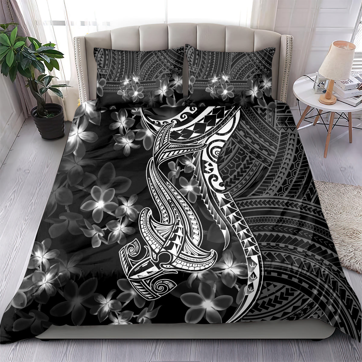 Black Polynesia Bedding Set Shark Tattoo With Polynesian Plumeria - Wonder Print Shop