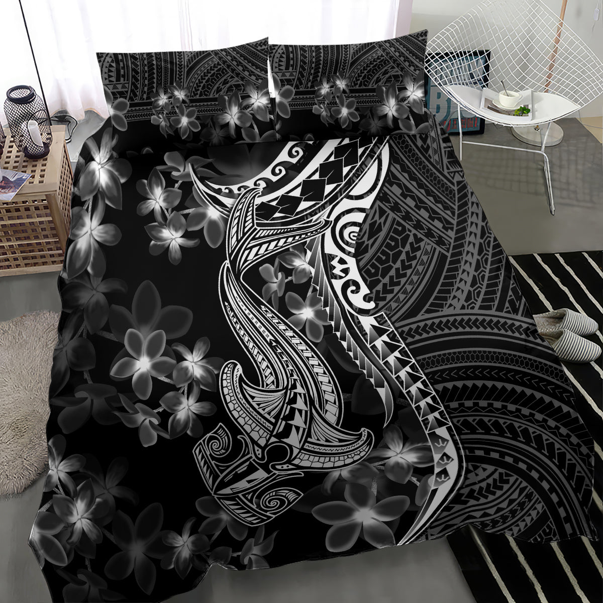 Black Polynesia Bedding Set Shark Tattoo With Polynesian Plumeria - Wonder Print Shop