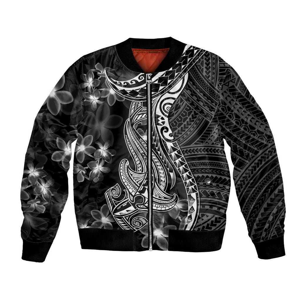 Black Polynesia Bomber Jacket Shark Tattoo With Polynesian Plumeria - Wonder Print Shop