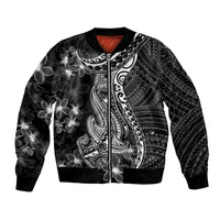 Black Polynesia Bomber Jacket Shark Tattoo With Polynesian Plumeria - Wonder Print Shop