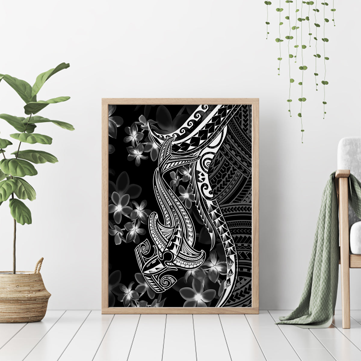 Black Polynesia Canvas Wall Art Shark Tattoo With Polynesian Plumeria - Wonder Print Shop